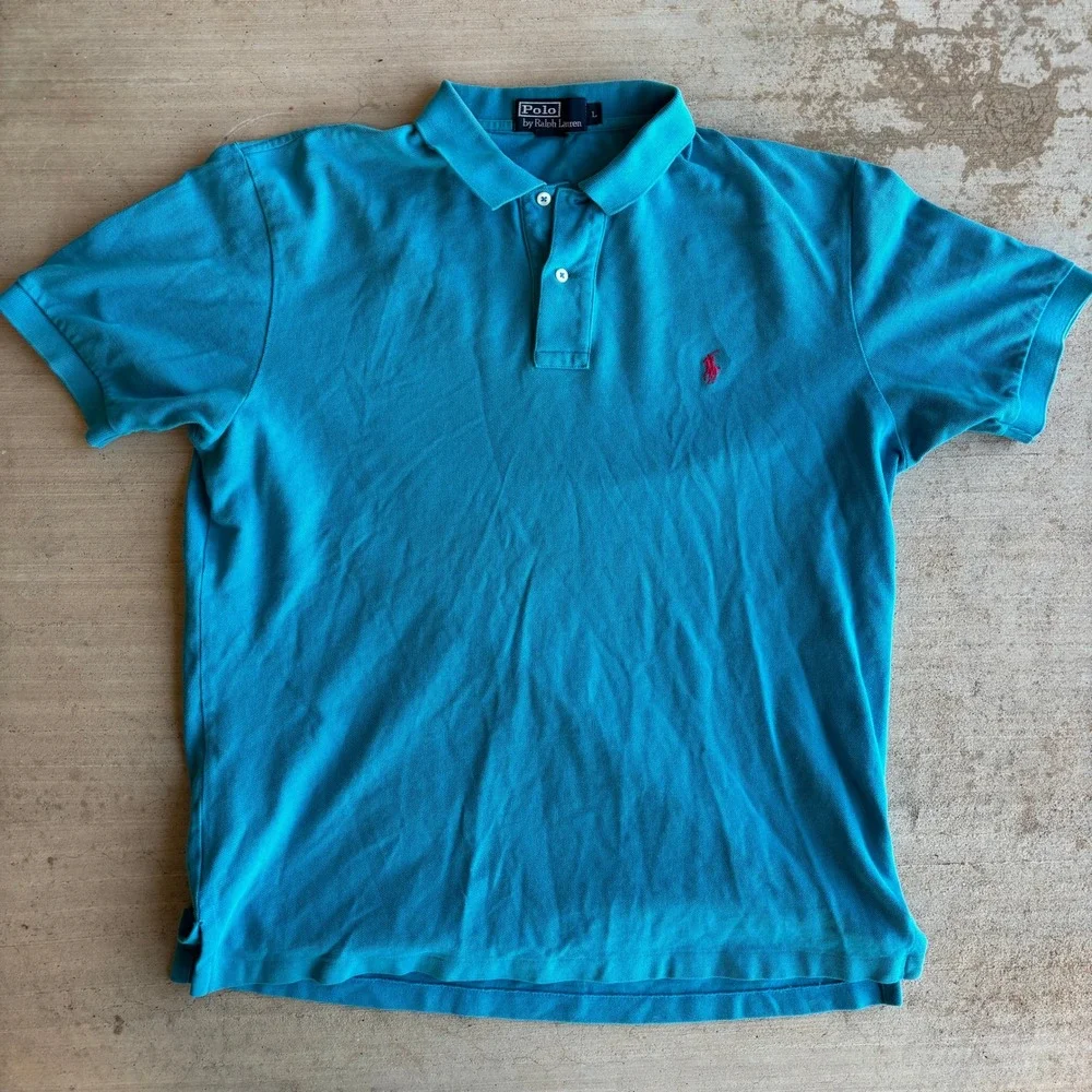 VTG Polo Ralph Lauren Cyan Polo Shirt Mens L Cotton Preppy Short Sleeve Polo